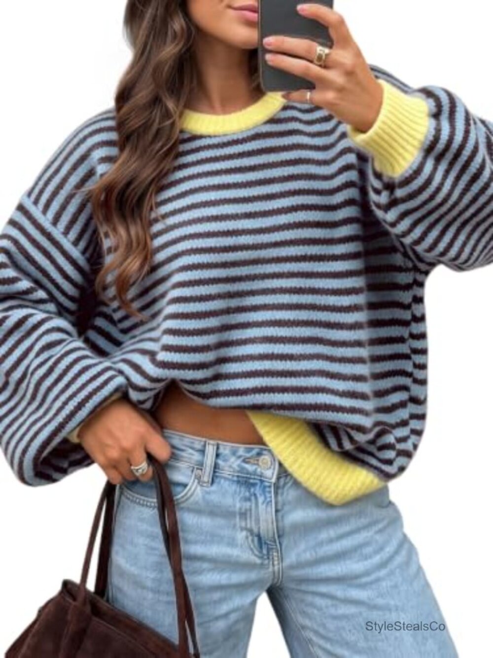 Oversized Striped Contrast Sweater Pullover Crew Neck Batwing Sleeve